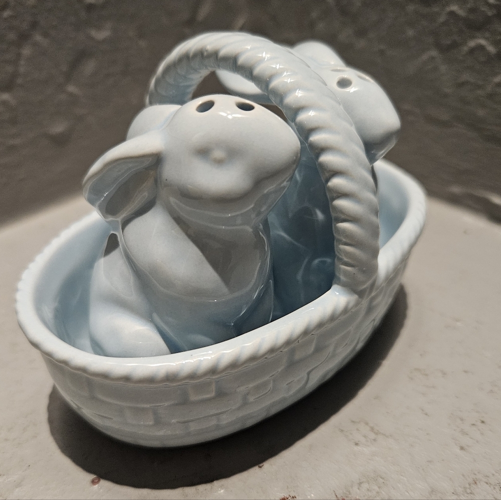 Blue ceramic Bunny Salt and Pepper in basket